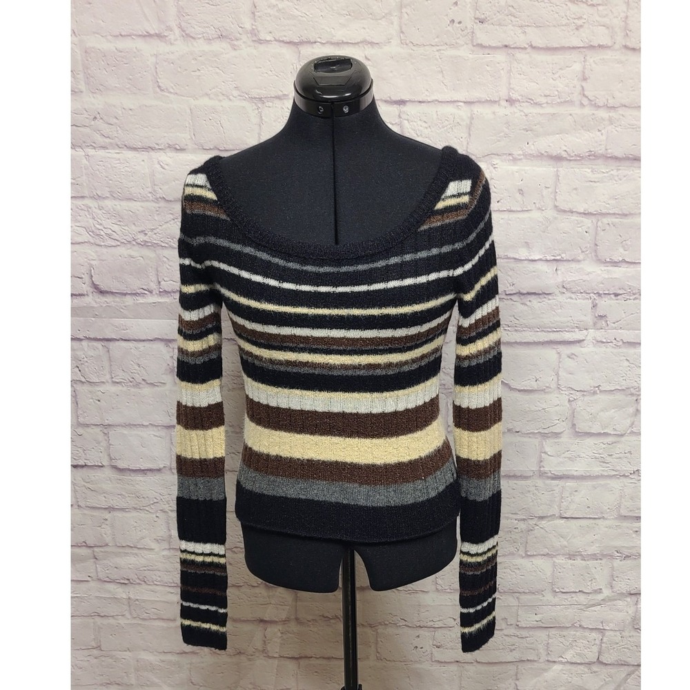 Free People Striped‎ Off The Shoulder Sweater Black Brown Cream Size Small - Picture 4 of 8
